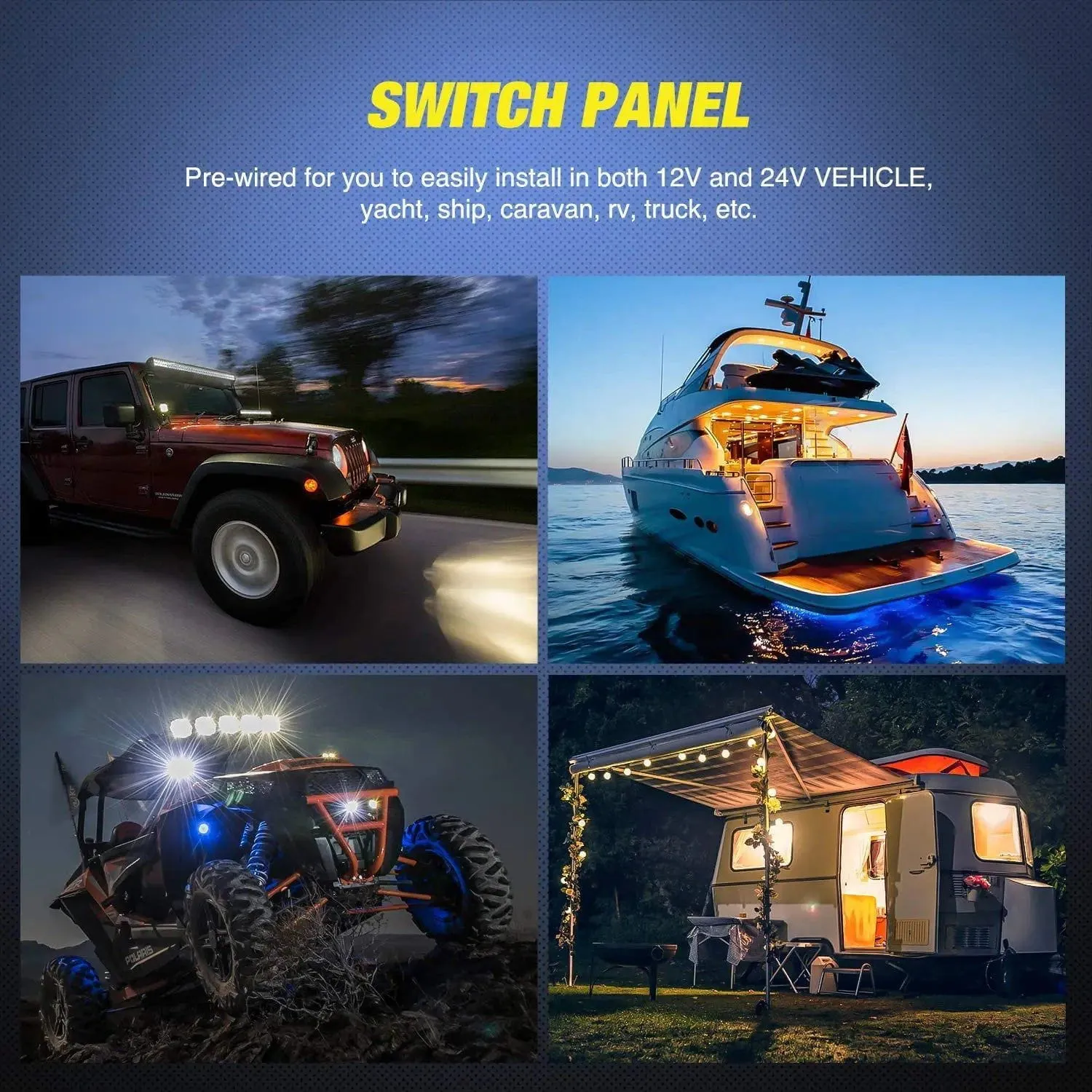 2Gang Led Light Bar and Rear Lights 5Pin ON/Off Rocker Switch Panel Blue