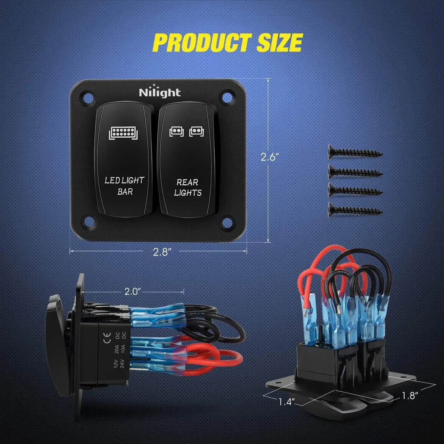 2Gang Led Light Bar and Rear Lights 5Pin ON/Off Rocker Switch Panel Blue