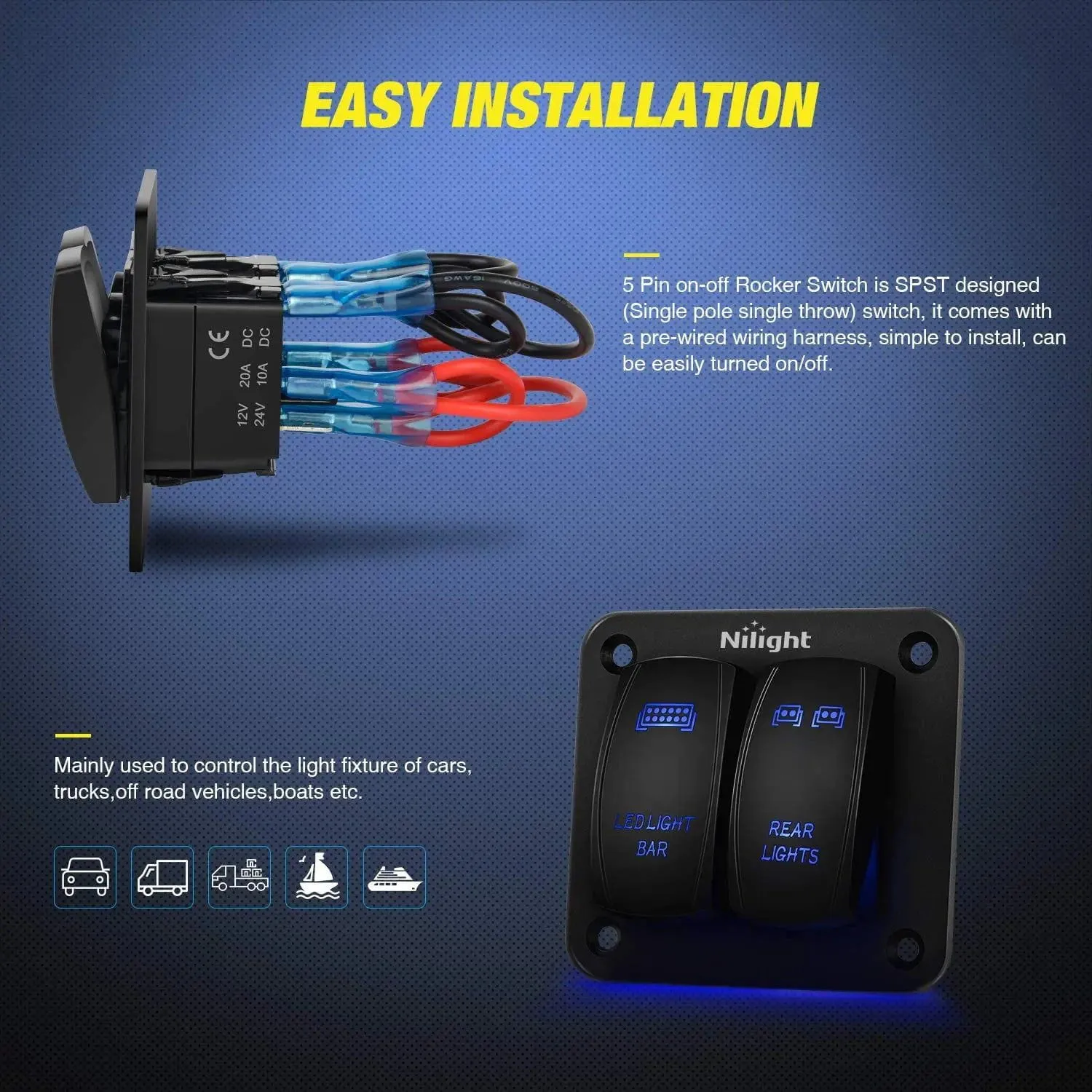 2Gang Led Light Bar and Rear Lights 5Pin ON/Off Rocker Switch Panel Blue