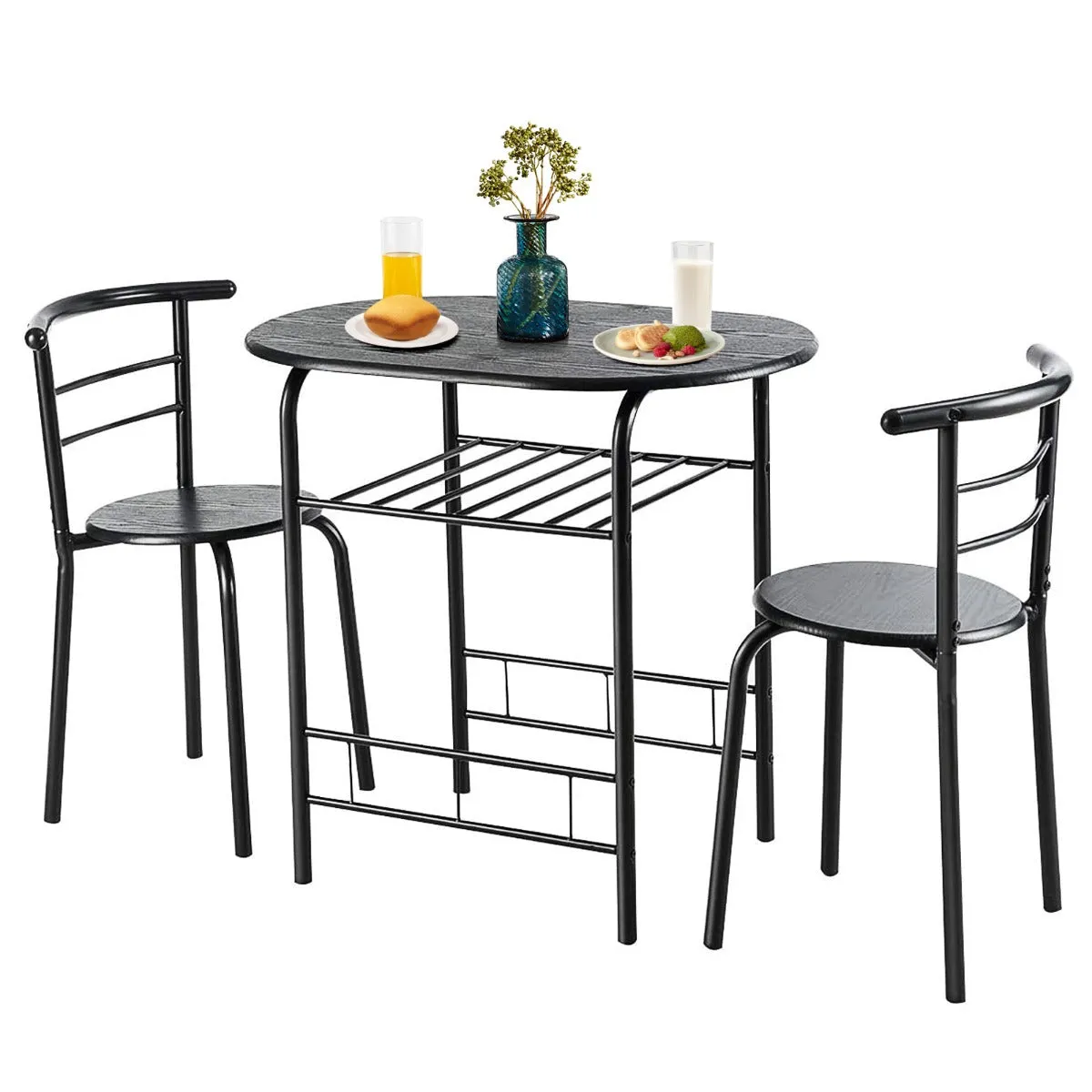 3 Pieces Compact Dining Set with Storage Shelf for Kitchen Bars