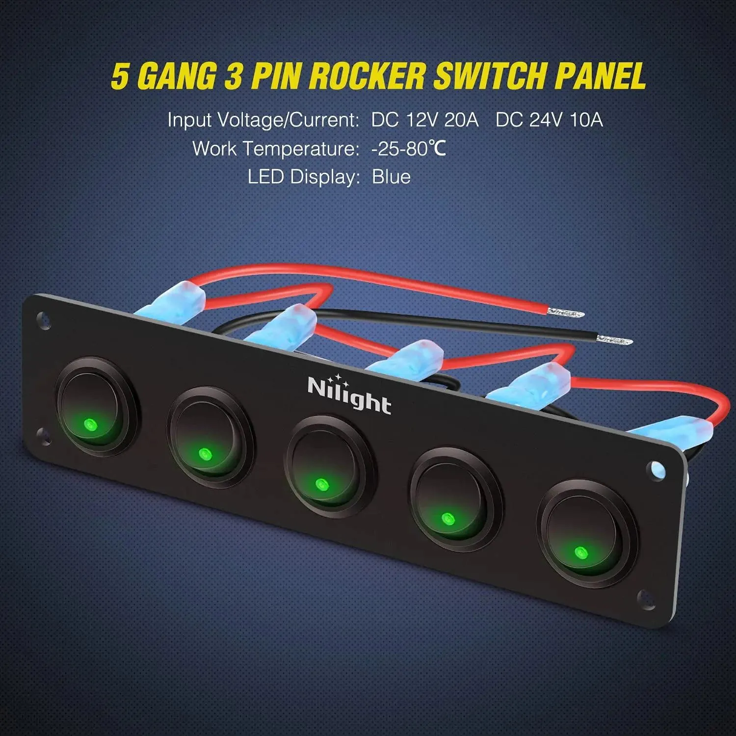 5Gang 3Pin Green Rocker Switch Panel