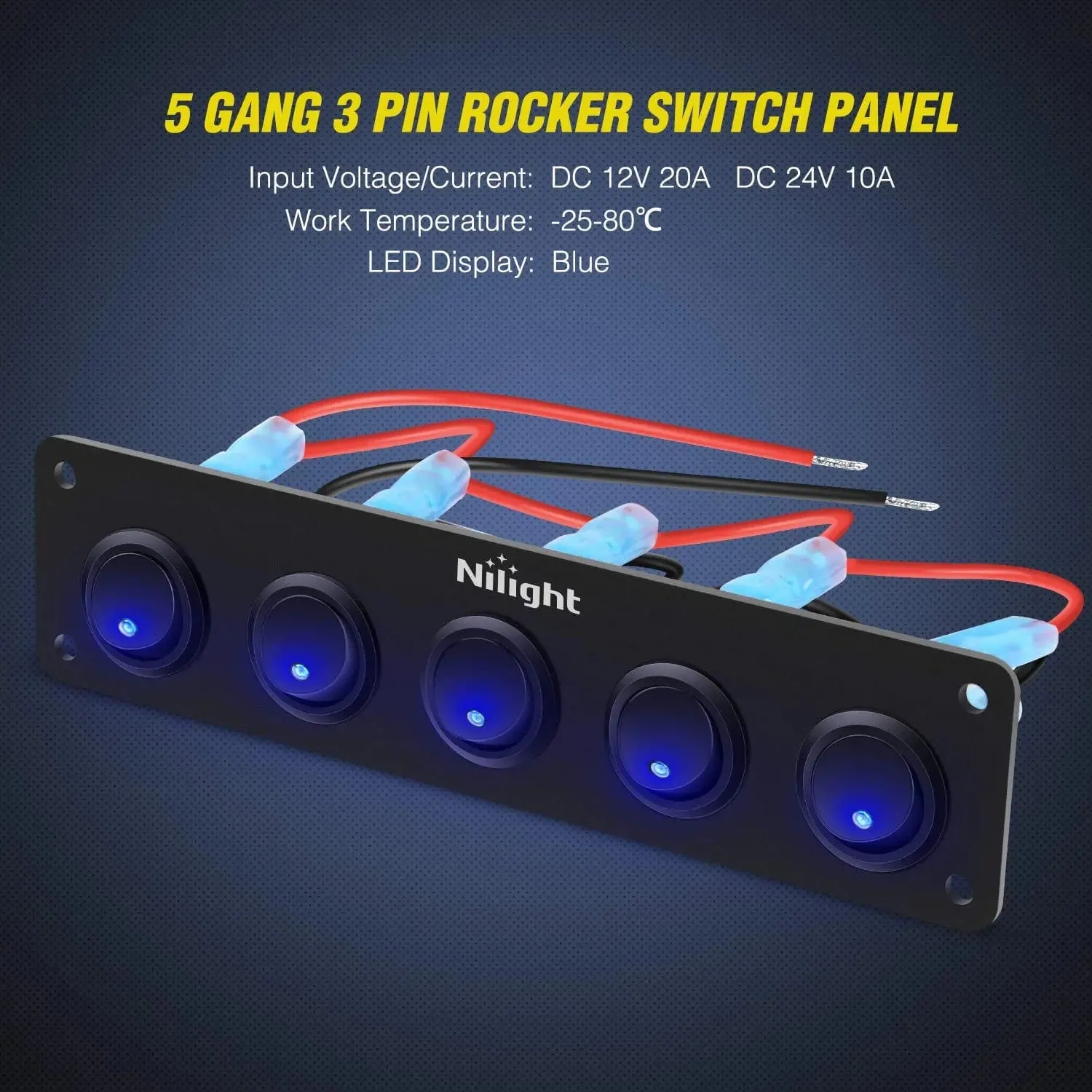 5Gang 3Pin Rocker Switch Panel Blue