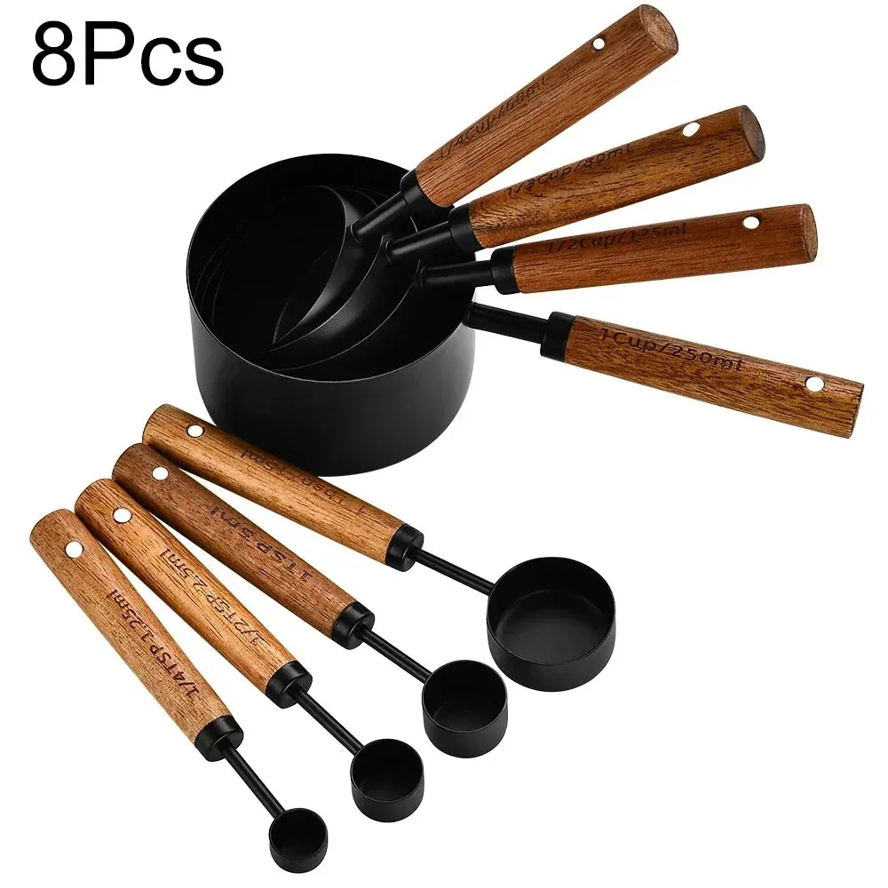 8 Piece Stainless Steel Measuring Set With Wooden Handles