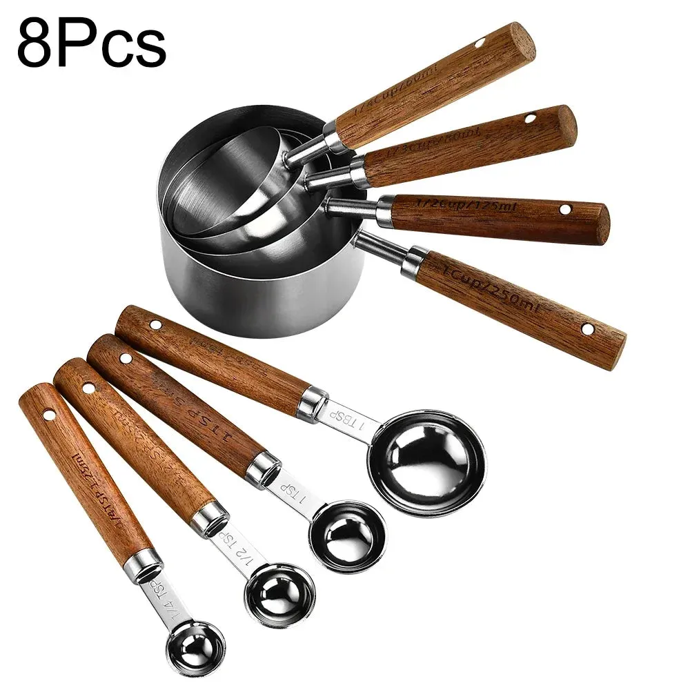 8 Piece Stainless Steel Measuring Set With Wooden Handles