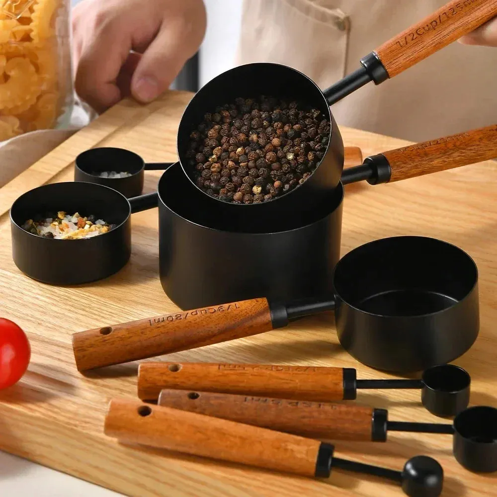 8 Piece Stainless Steel Measuring Set With Wooden Handles