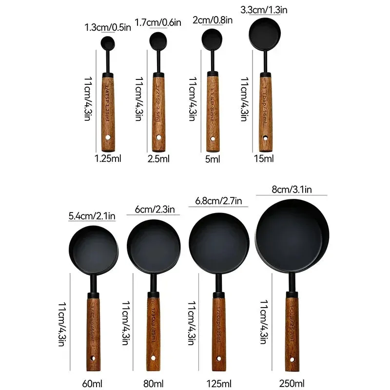 8 Piece Stainless Steel Measuring Set With Wooden Handles