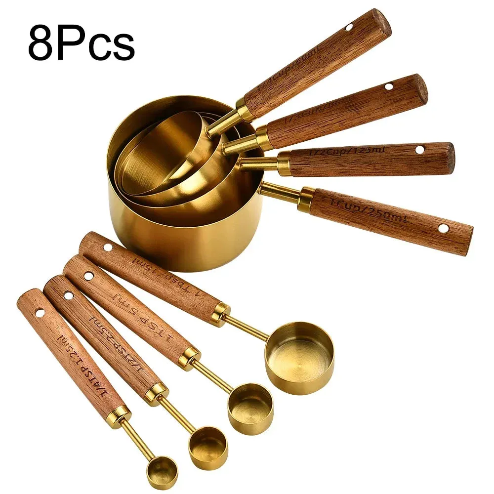 8 Piece Stainless Steel Measuring Set With Wooden Handles