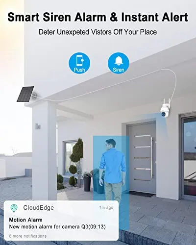 ANRAN 2K Security Camera Wireless Outdoor, Solar Outdoor Camera with 360° View, Smart Siren, Spotlights, 3MP Color Night Vision, AI Human Detection, 2-Way Talk, Compatible with Alexa, Q3 White