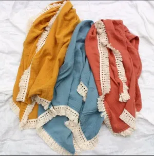 Cotton Muslin Swaddle/Towel With Fringe Lace Detail