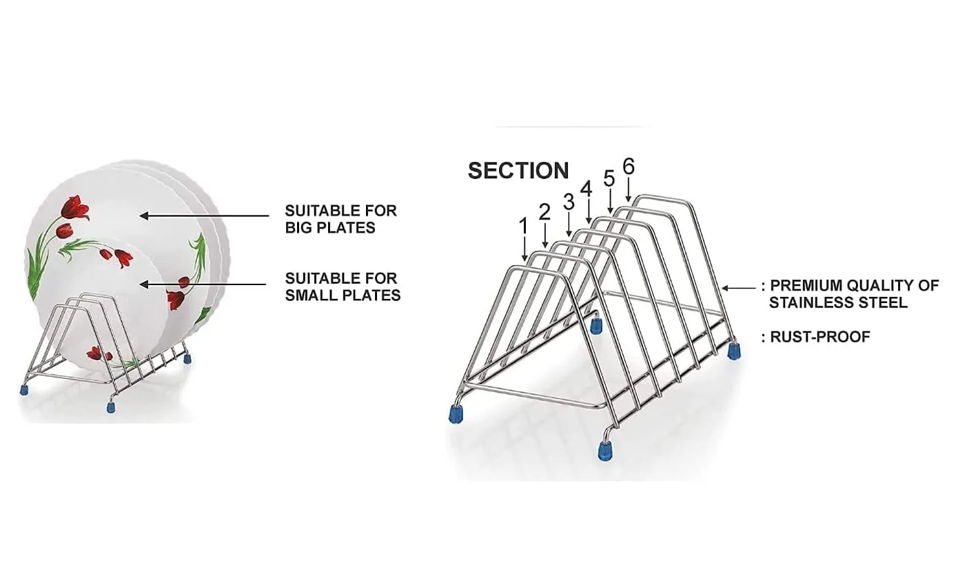 D.k 11 Stainless Steel Plate & Lid Rack Holder|Plate Stand|Dish Stand Utensil Rack for Kitchen - 6 Sections Lid stend for Kitchen Dining Table & Kitchen cabinets Storage Racks, Tiered Shelf