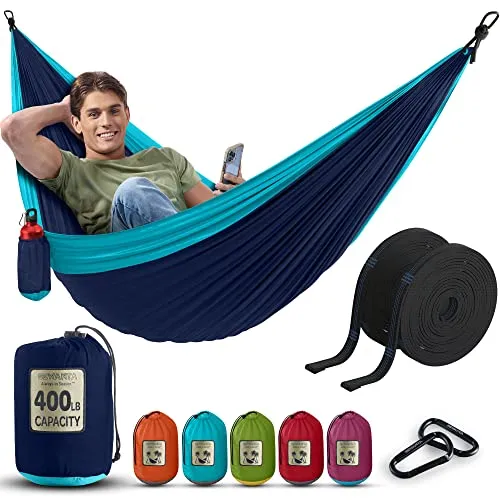Durable Hammock 400 lb Capacity - Lightweight Nylon Camping Hammock Chair - Double or Single Sizes w/Tree Straps and Attached Carry Bag - Portable for Travel/Backpacking/ (Navy, Medium)