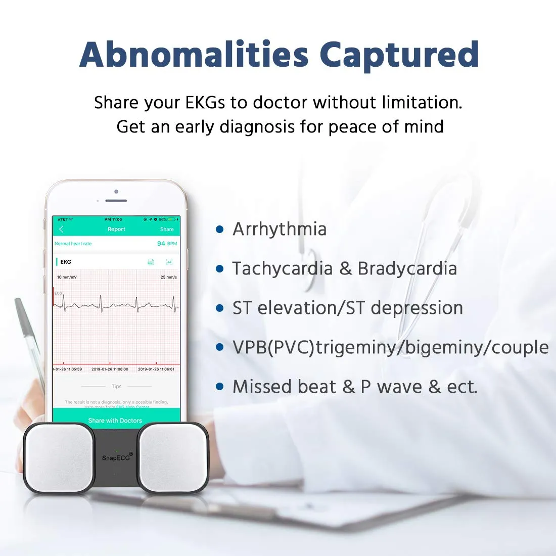 ECG Monitor, Handheld ECG Heart Rate Monitors for Smart Phone, Wireless Heart Rhythm Tracking Without ECG Electrodes Required, Home Use SnapECG Portable EKG Devices for iPhone & Android