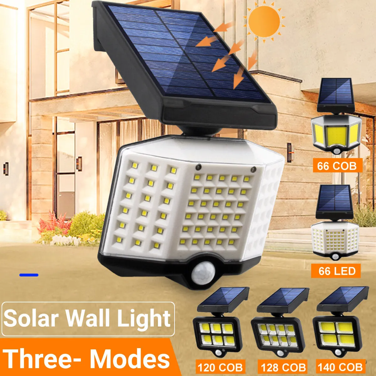 LED Solar Power PIR Motion Sensor Wall Light - 3 Modes, Waterproof, Outdoor Garden Lamp, 66LED/66COB/120COB/128COB/140COB