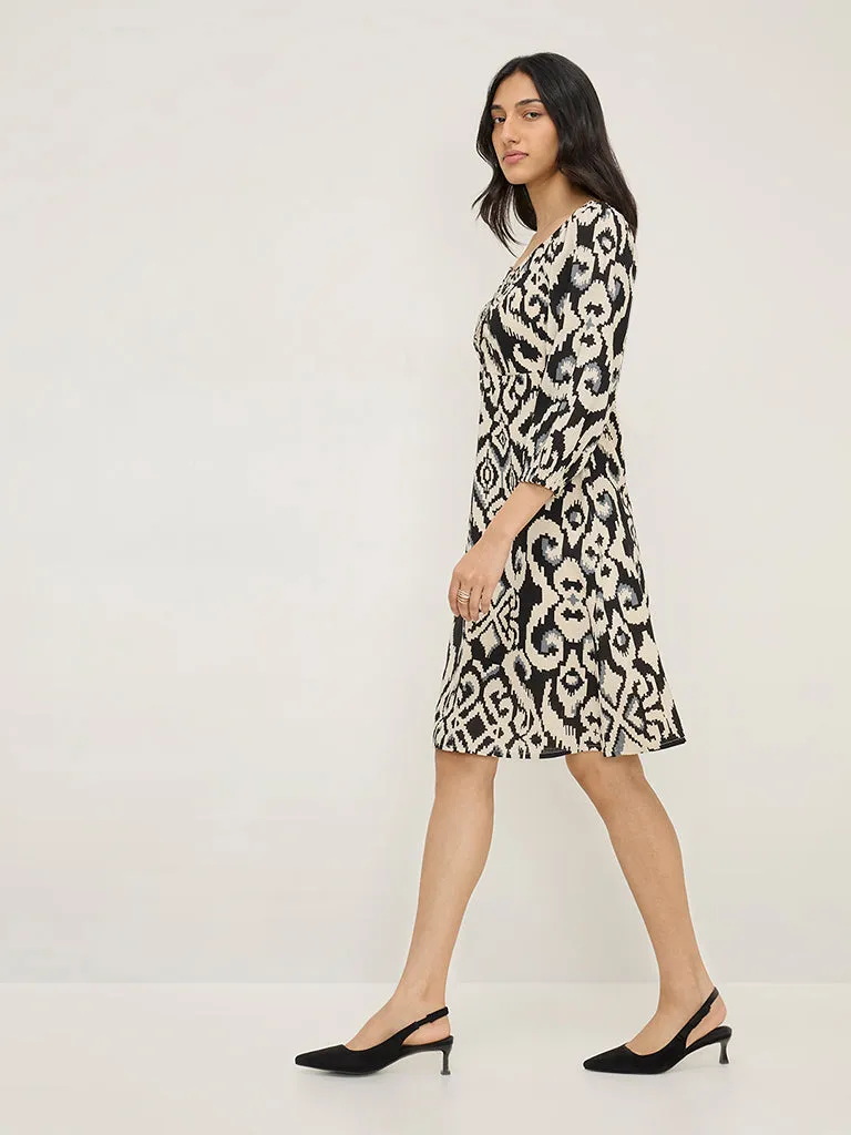 LOV Black Ikat Design Cotton-Blend A-Line Dress