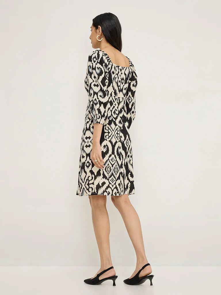 LOV Black Ikat Design Cotton-Blend A-Line Dress