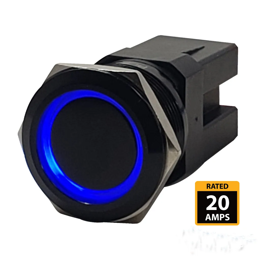 Marine Push Button Switch - Blue LED - 20A - Black Anodized