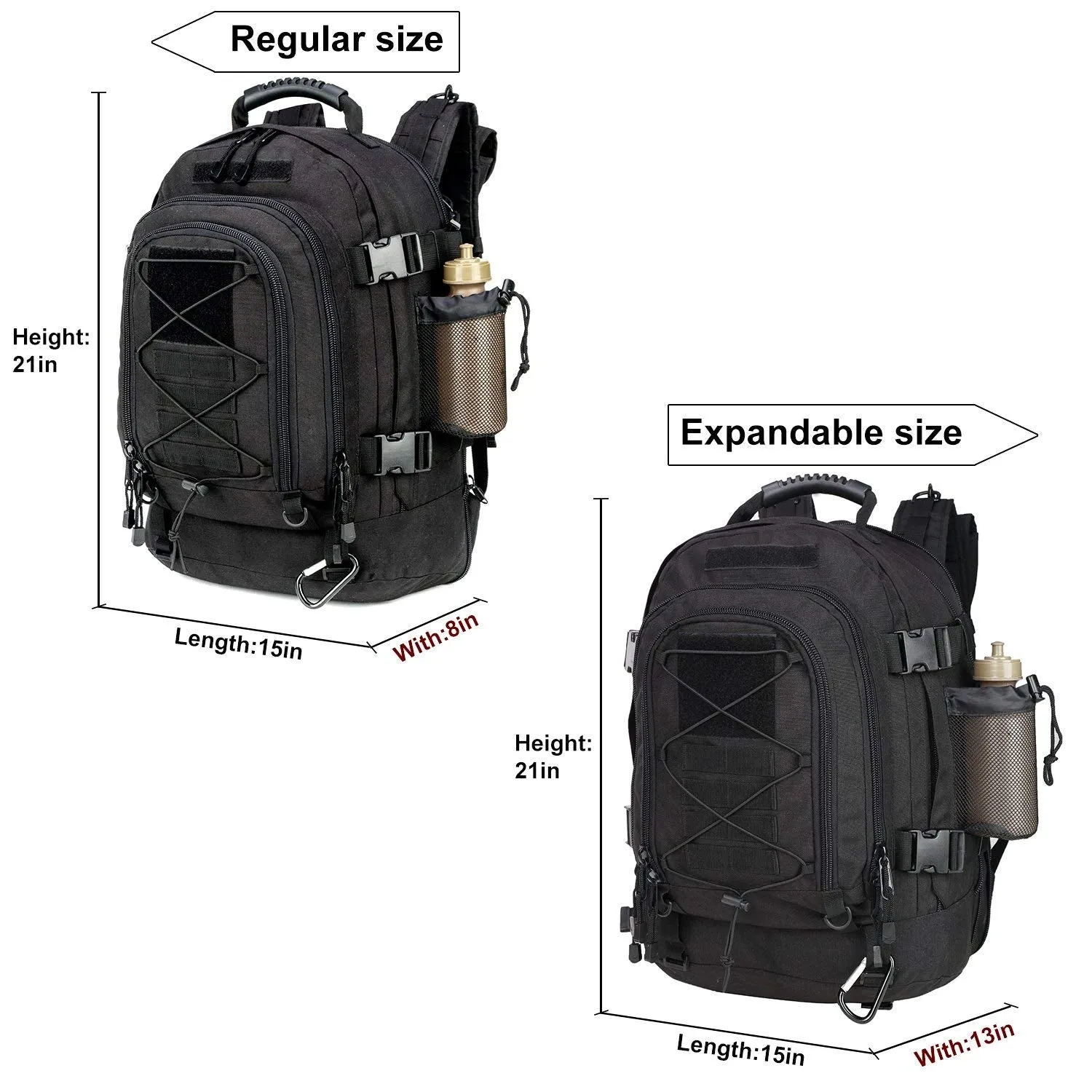 Military Expandable Travel Backpack Tactical Waterproof Work Backpack for Men(BLACK)