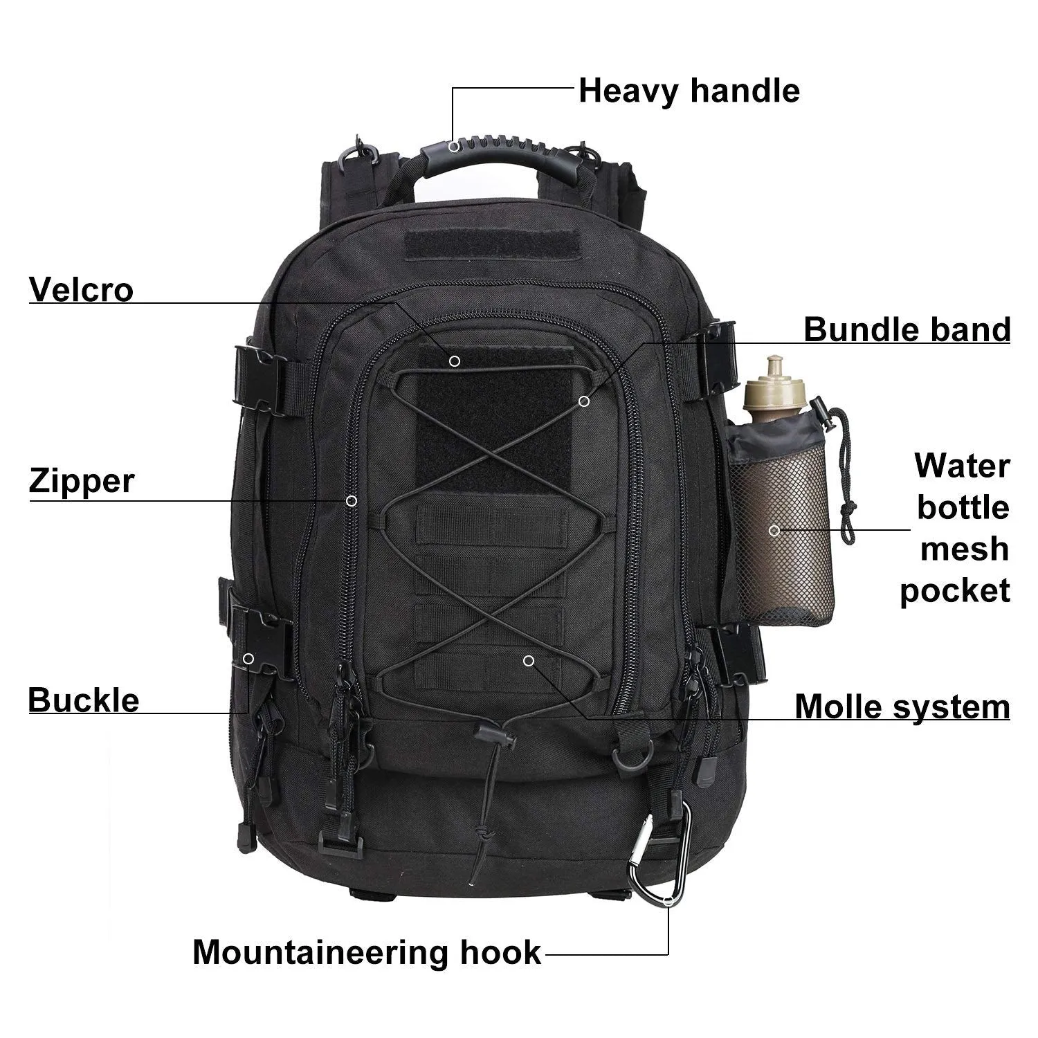 Military Expandable Travel Backpack Tactical Waterproof Work Backpack for Men(BLACK)