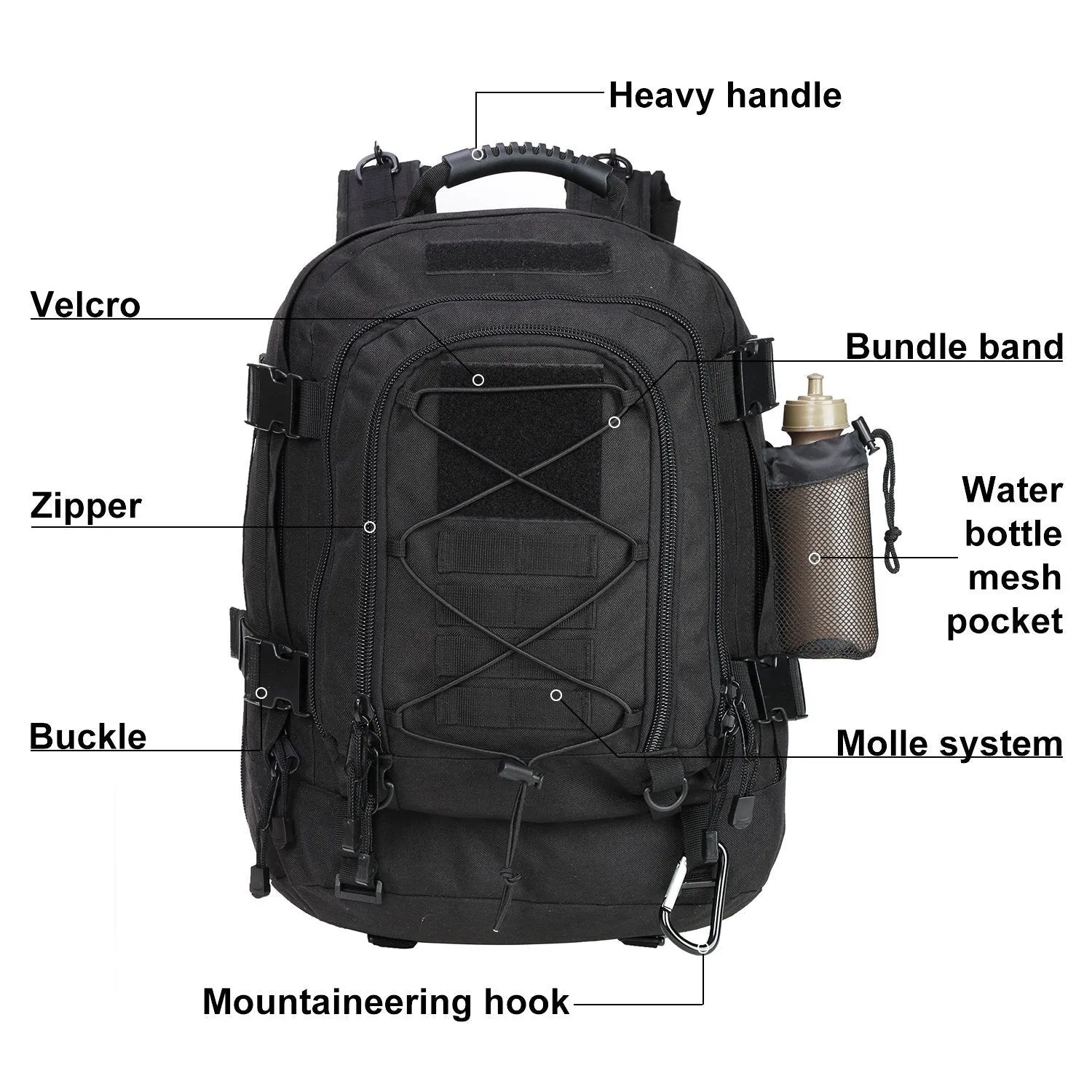 Military Tactical Backpack, Large 3 Day Army Molle Assault Rucksack for Outdoors, Hiking, Camping, Trekking, Bug Out Bag & Travel by ARMYCAMOUSA (Black)