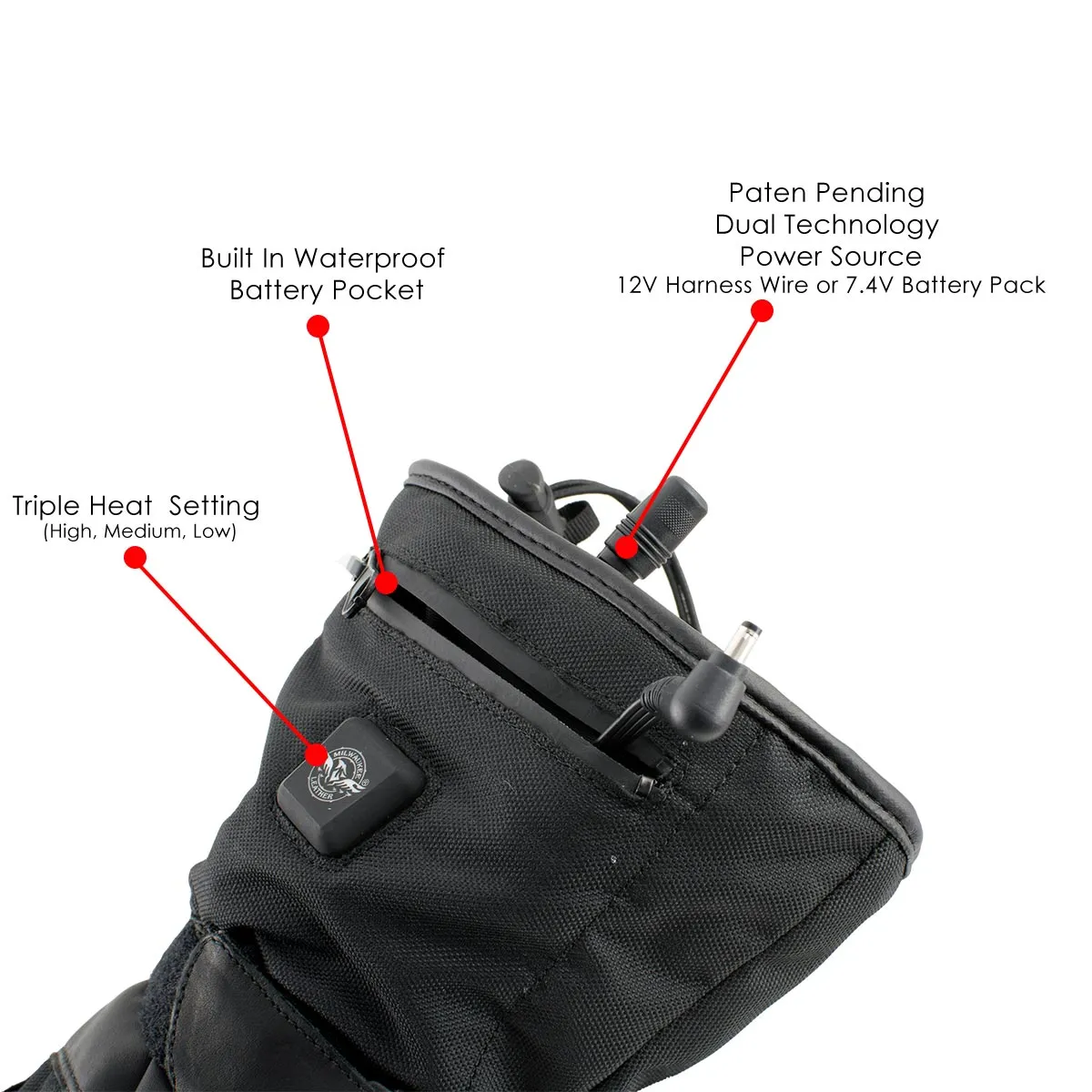 Nexgen Heat NXG17501SET Mens Heated Gloves for Winter Black Leather and Textile Motorcycle Glove w/Battery and Harness Wire