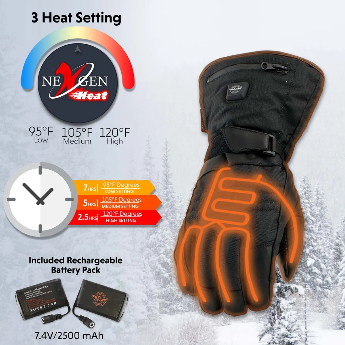 Nexgen Heat NXG17501SET Mens Heated Gloves for Winter Black Leather and Textile Motorcycle Glove w/Battery and Harness Wire