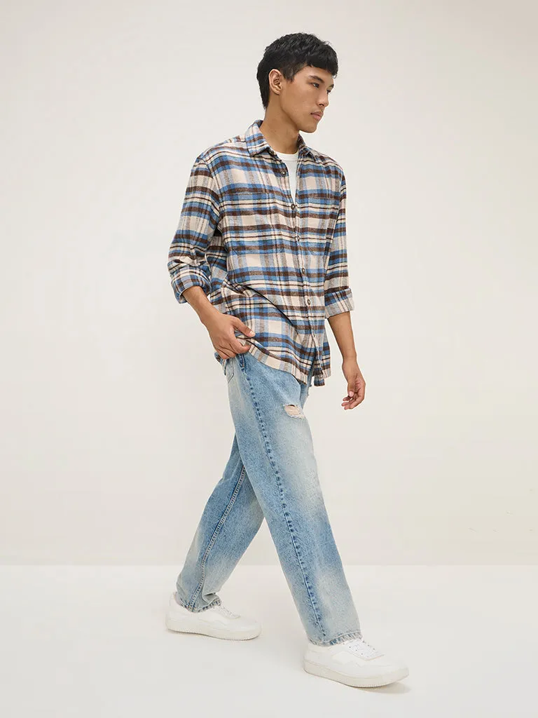 Nuon Blue Checks Pattern Relaxed-Fit Cotton Shirt