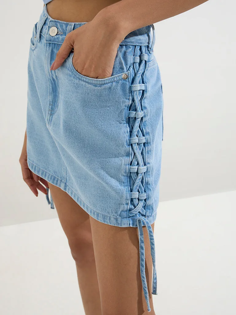 Nuon Light Blue Criss-Cross Detailed High-Rise Denim Skirt