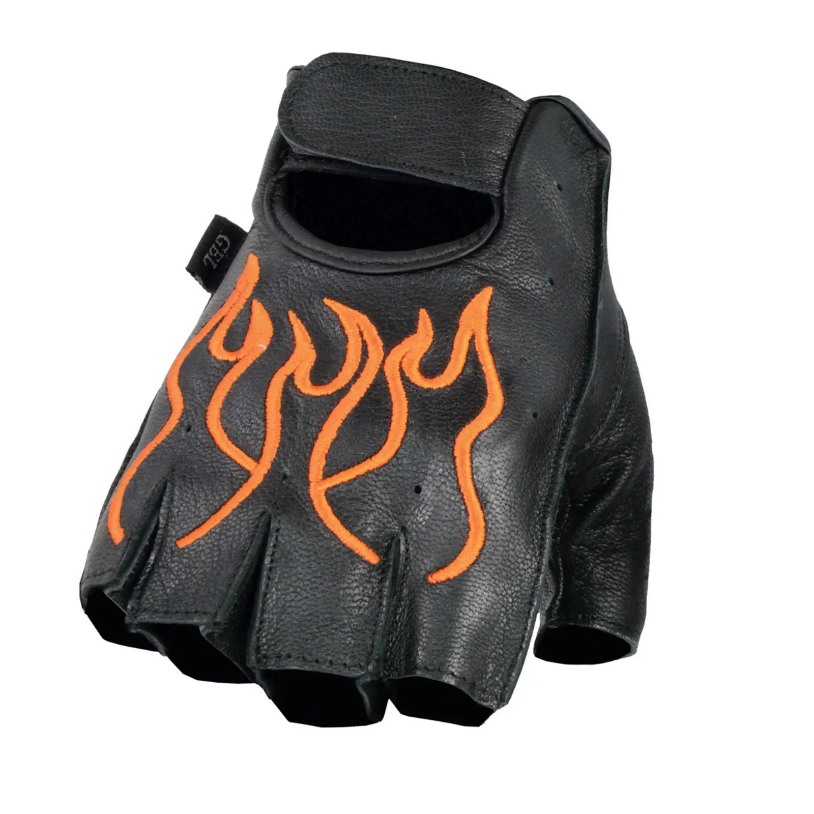 Orange Flame SH198 Men's Black Leather Gel Padded Palm Fingerless Motorcycle Hand Gloves W/ Orange Flame Embroidered