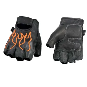 Orange Flame SH198 Men's Black Leather Gel Padded Palm Fingerless Motorcycle Hand Gloves W/ Orange Flame Embroidered