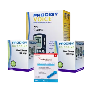 Prodigy Voice Glucose Meter Kit Combo (Meter Kit, Test Strips 100ct and Cardinal Health 30G Lancets 100ct)