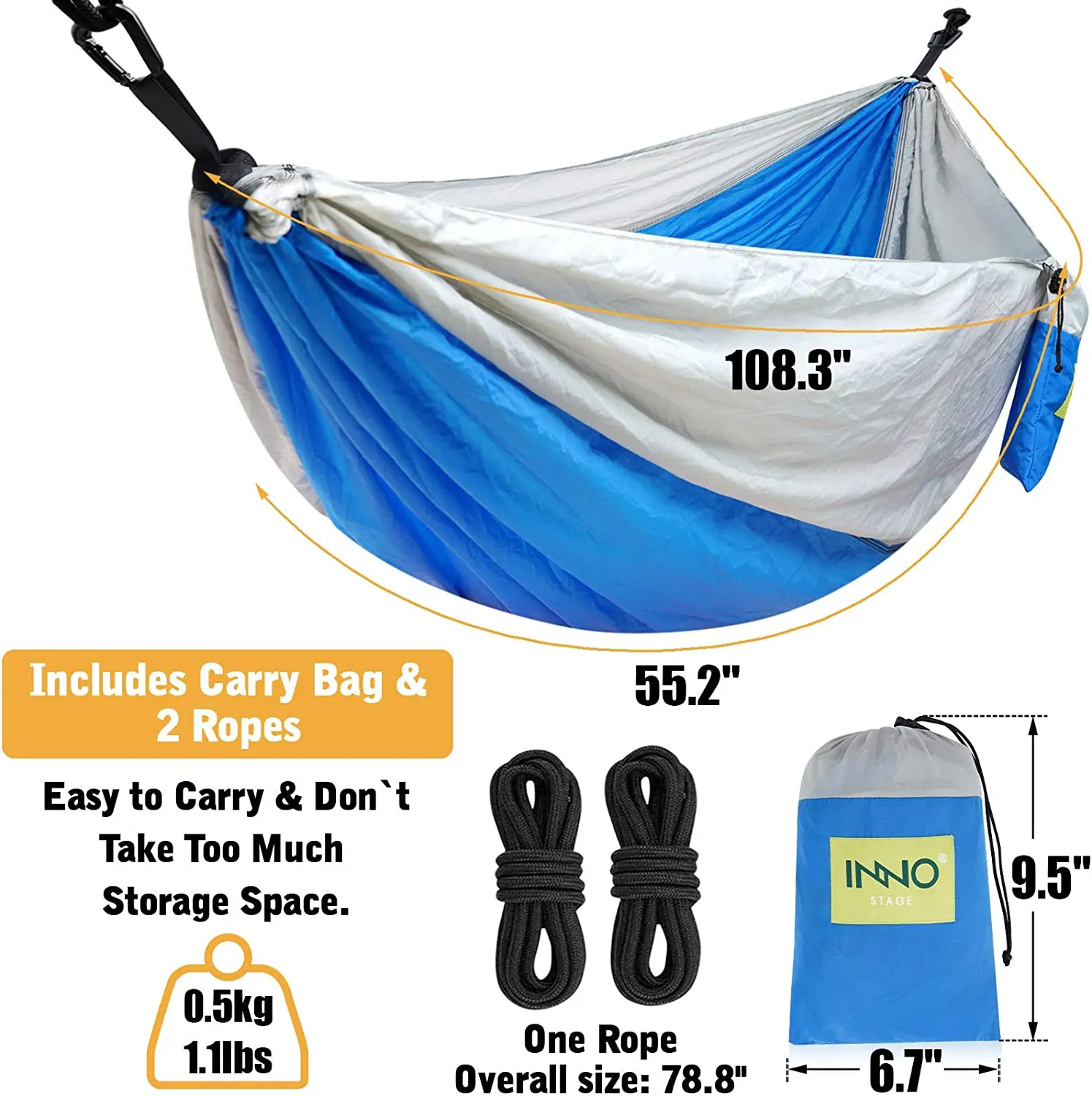 Single camping hammock with 2 tree straps - Blue/Grey