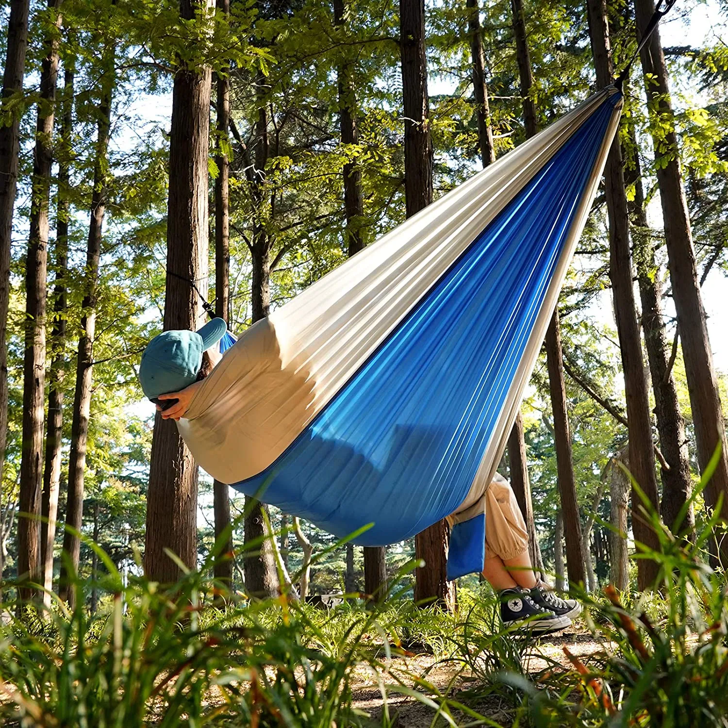 Single camping hammock with 2 tree straps - Blue/Grey