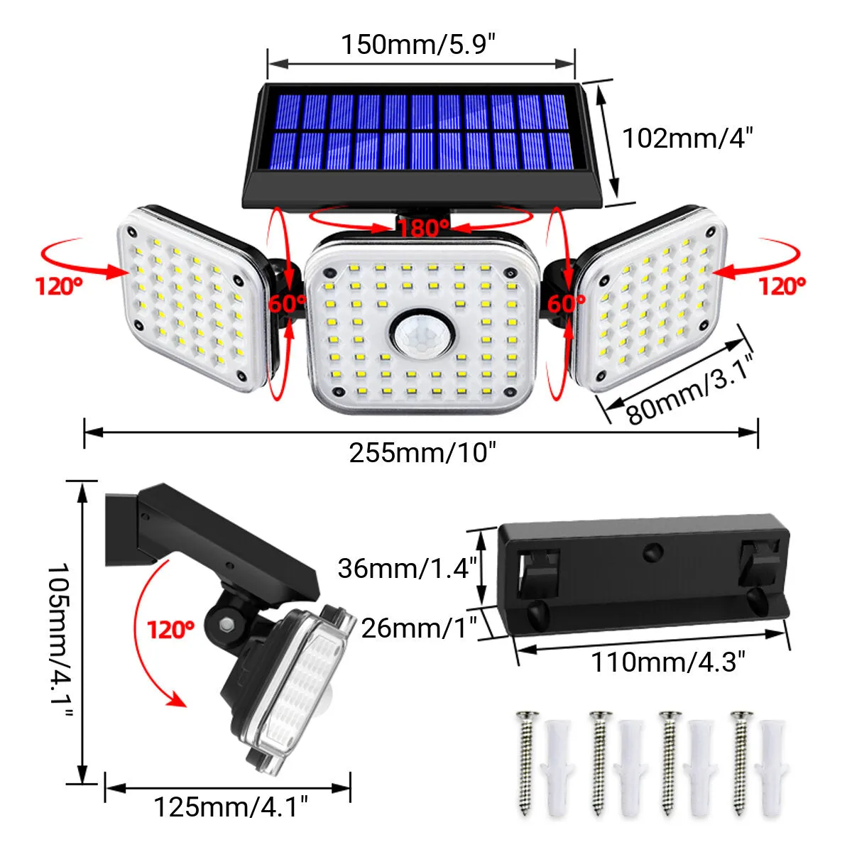 Solar Motion Sensor Lights: 112/138 LED or 132 COB, 3-Head Security Wall Lamp Floodlight