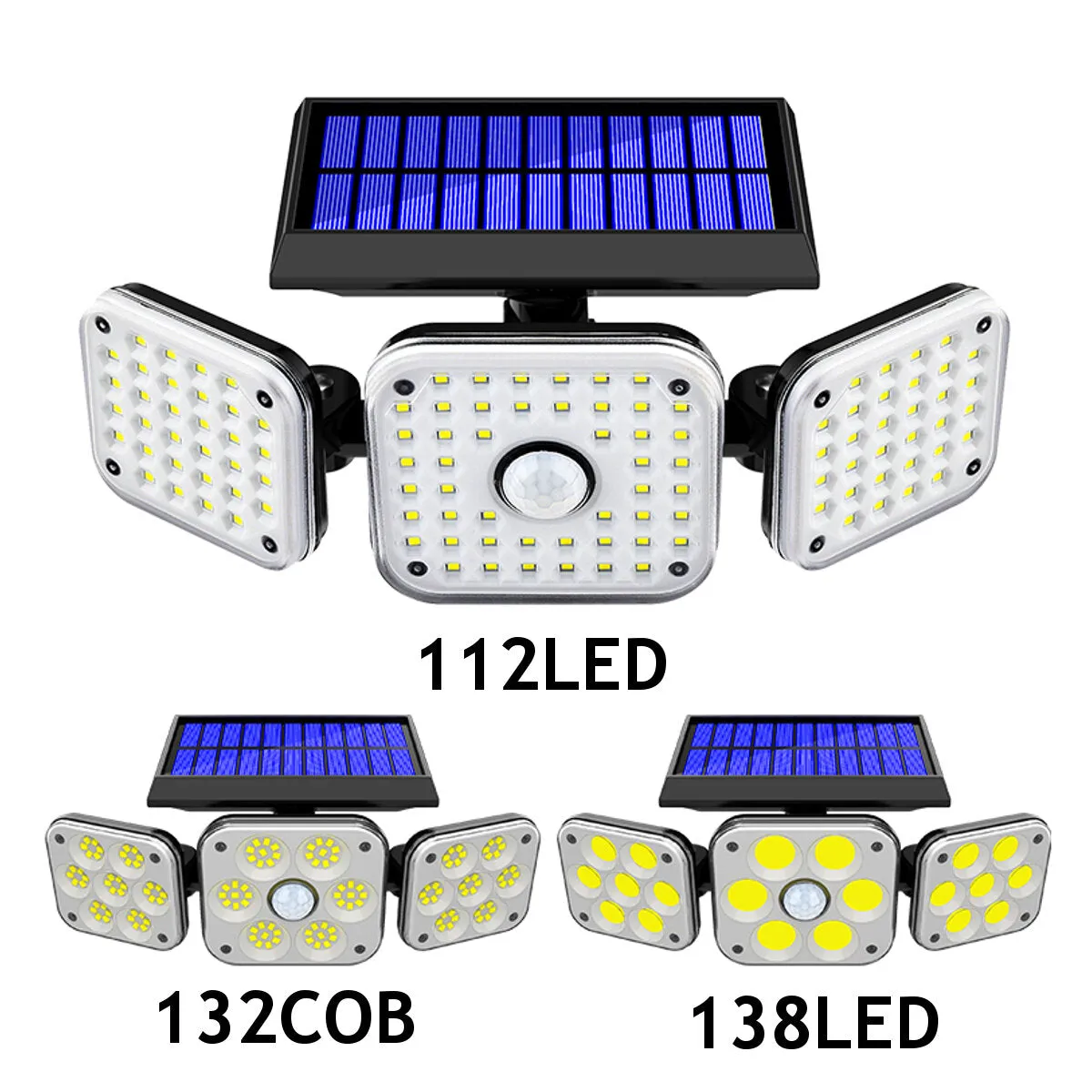 Solar Motion Sensor Lights: 112/138 LED or 132 COB, 3-Head Security Wall Lamp Floodlight