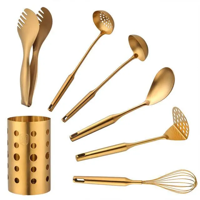 Stainless Steel Kitchen Utensils Chopsticks Tube Soup Ladle Colander Set Gold Cooking Tool Set