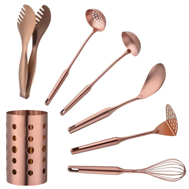 Stainless Steel Kitchen Utensils Chopsticks Tube Soup Ladle Colander Set Gold Cooking Tool Set