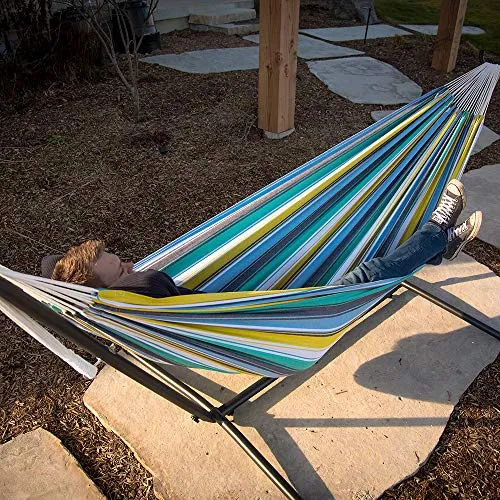 Vivere Double Cotton Hammock with Space Saving Steel Stand, Cayo Reef (450 lb Capacity - Premium Carry Bag Included)
