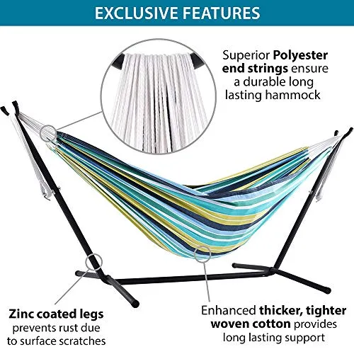 Vivere Double Cotton Hammock with Space Saving Steel Stand, Cayo Reef (450 lb Capacity - Premium Carry Bag Included)