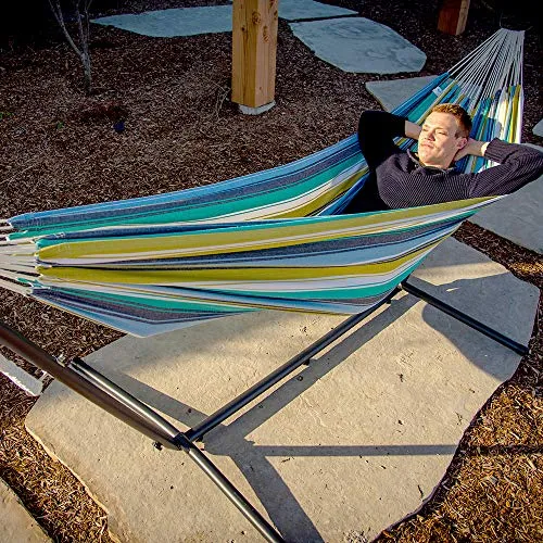 Vivere Double Cotton Hammock with Space Saving Steel Stand, Cayo Reef (450 lb Capacity - Premium Carry Bag Included)