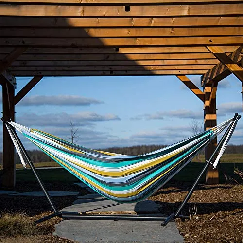 Vivere Double Cotton Hammock with Space Saving Steel Stand, Cayo Reef (450 lb Capacity - Premium Carry Bag Included)